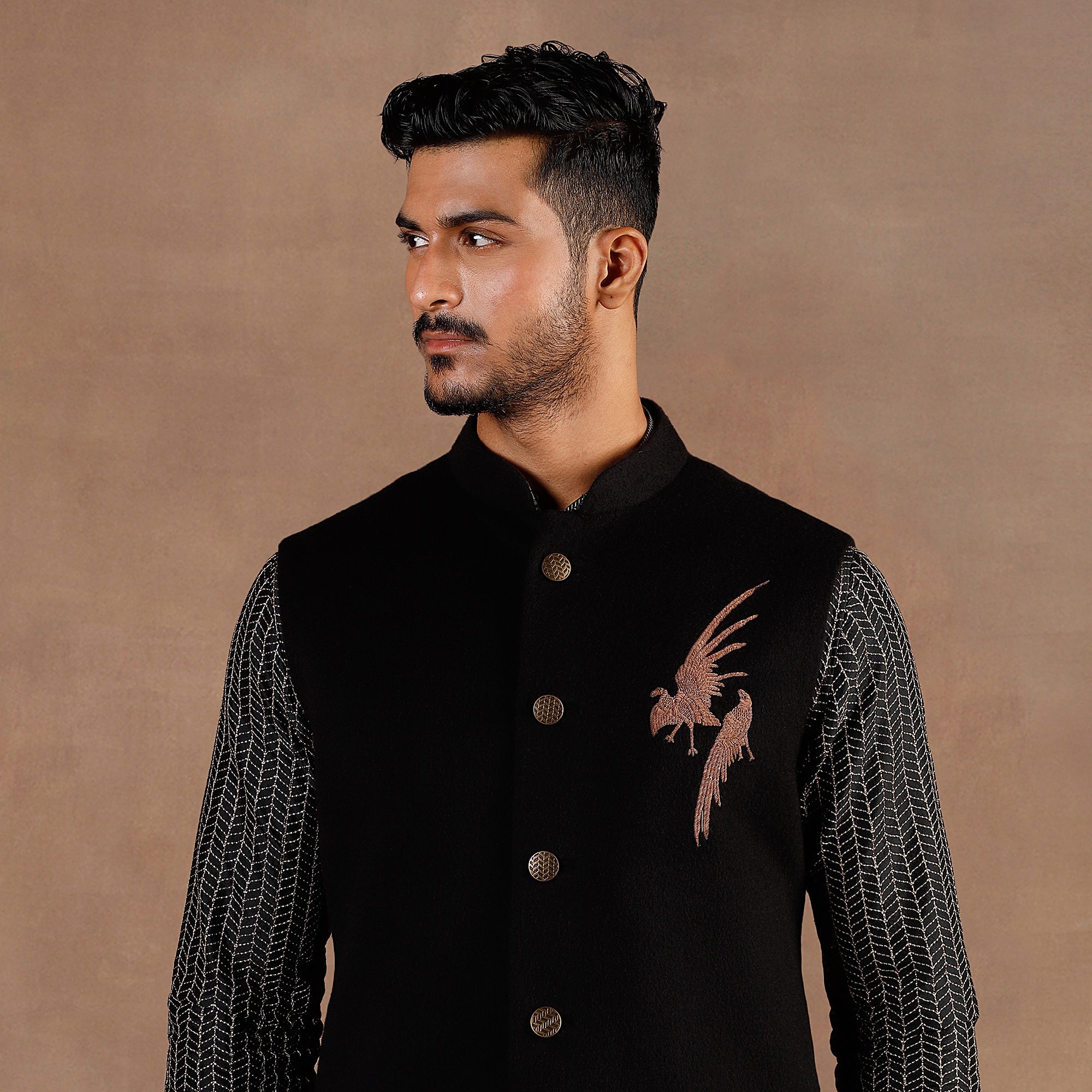 Black- Chevron Nehru Jacket Set | EAST
