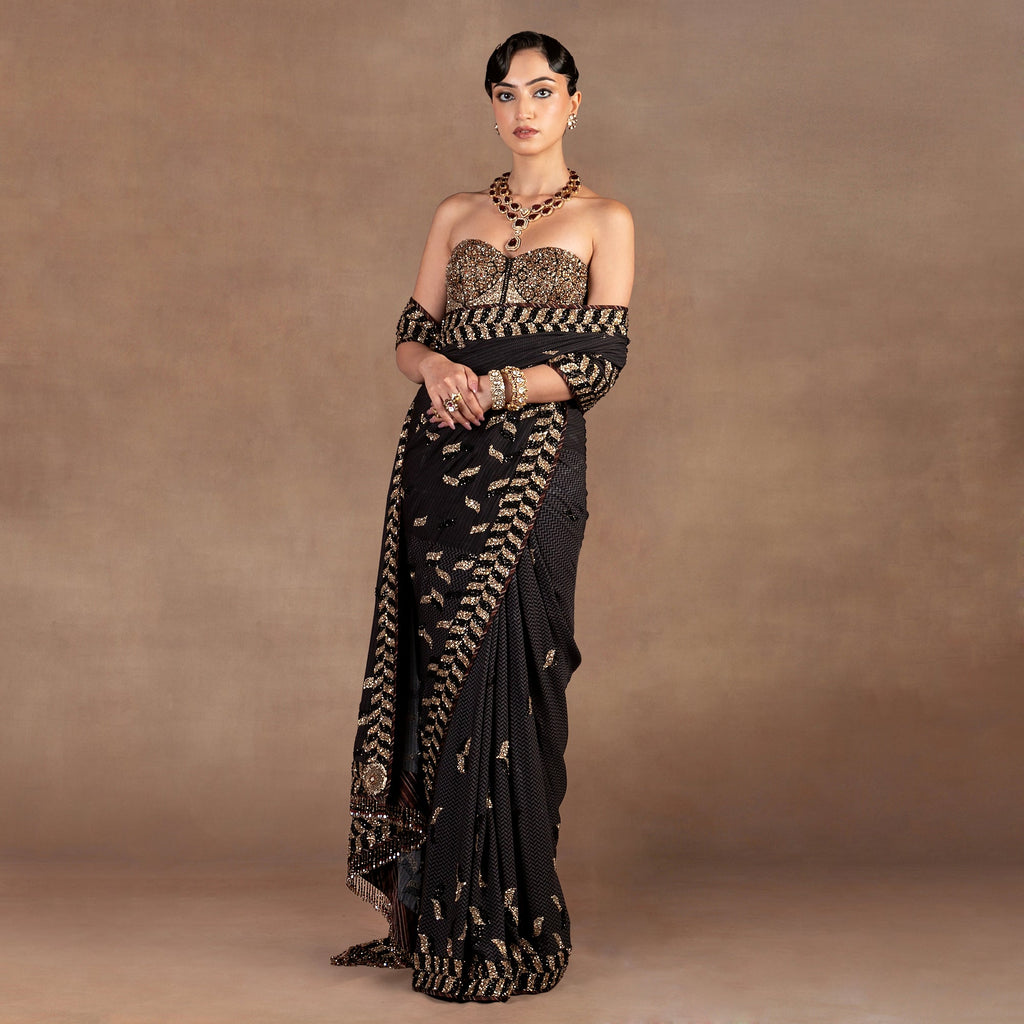 Black Chevron Saree Set | EAST