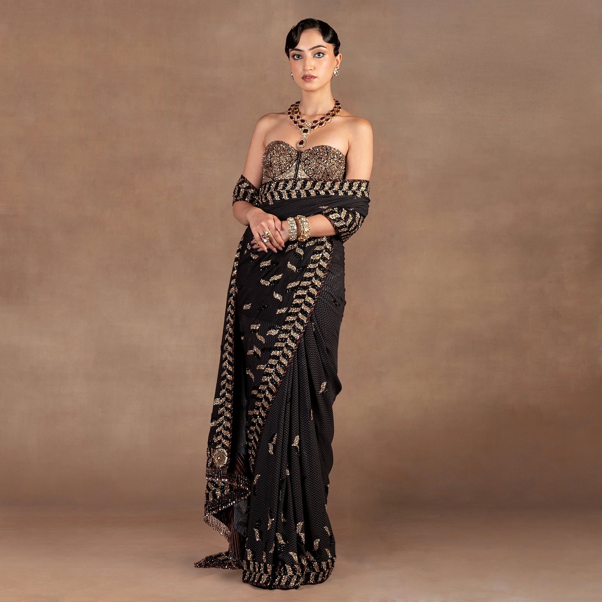 Black Chevron Saree Set | EAST