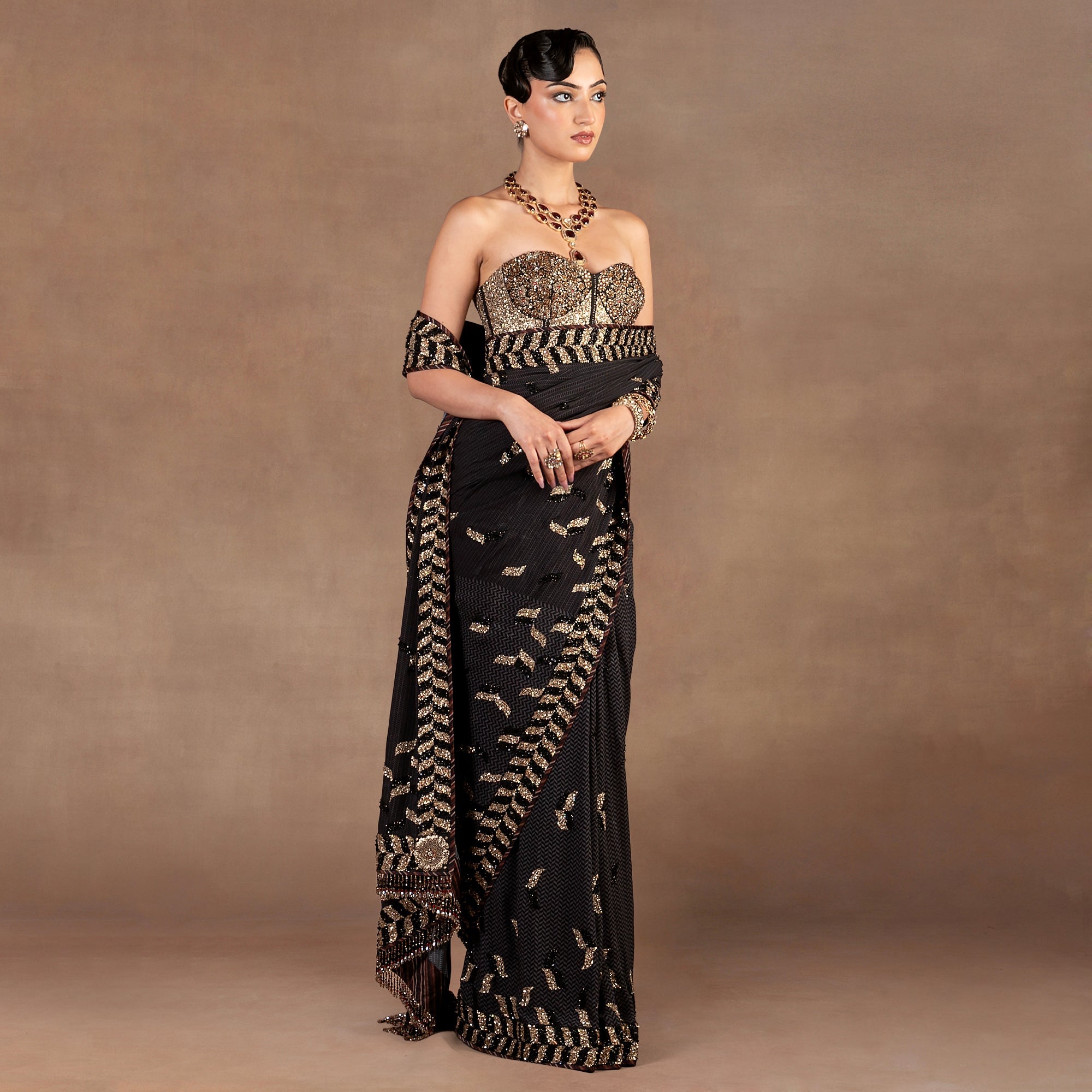 Black Chevron Saree Set | EAST