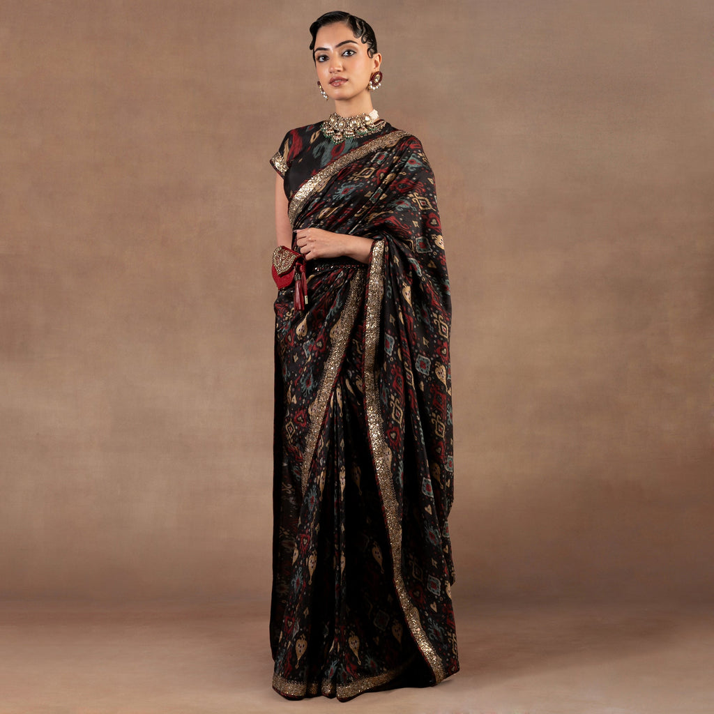 Black Ikat Print Saree Set | EAST