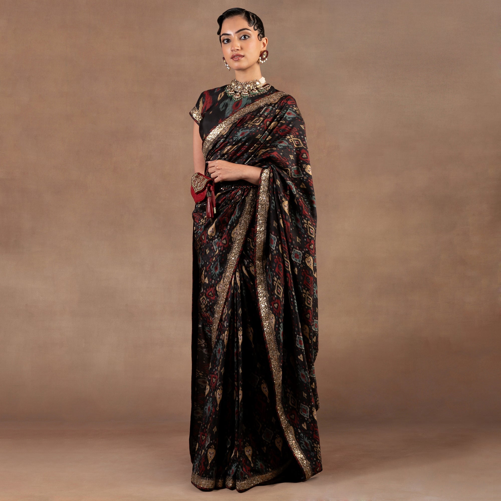 Black Ikat Print Saree Set | EAST