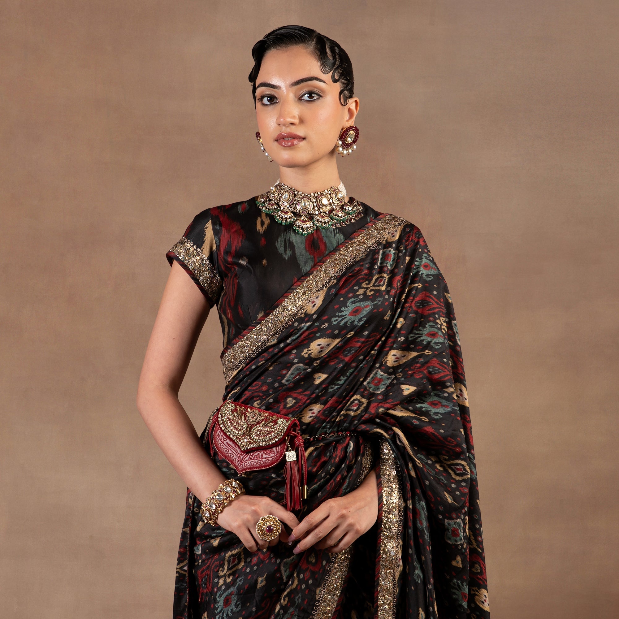 Black Ikat Print Saree Set | EAST