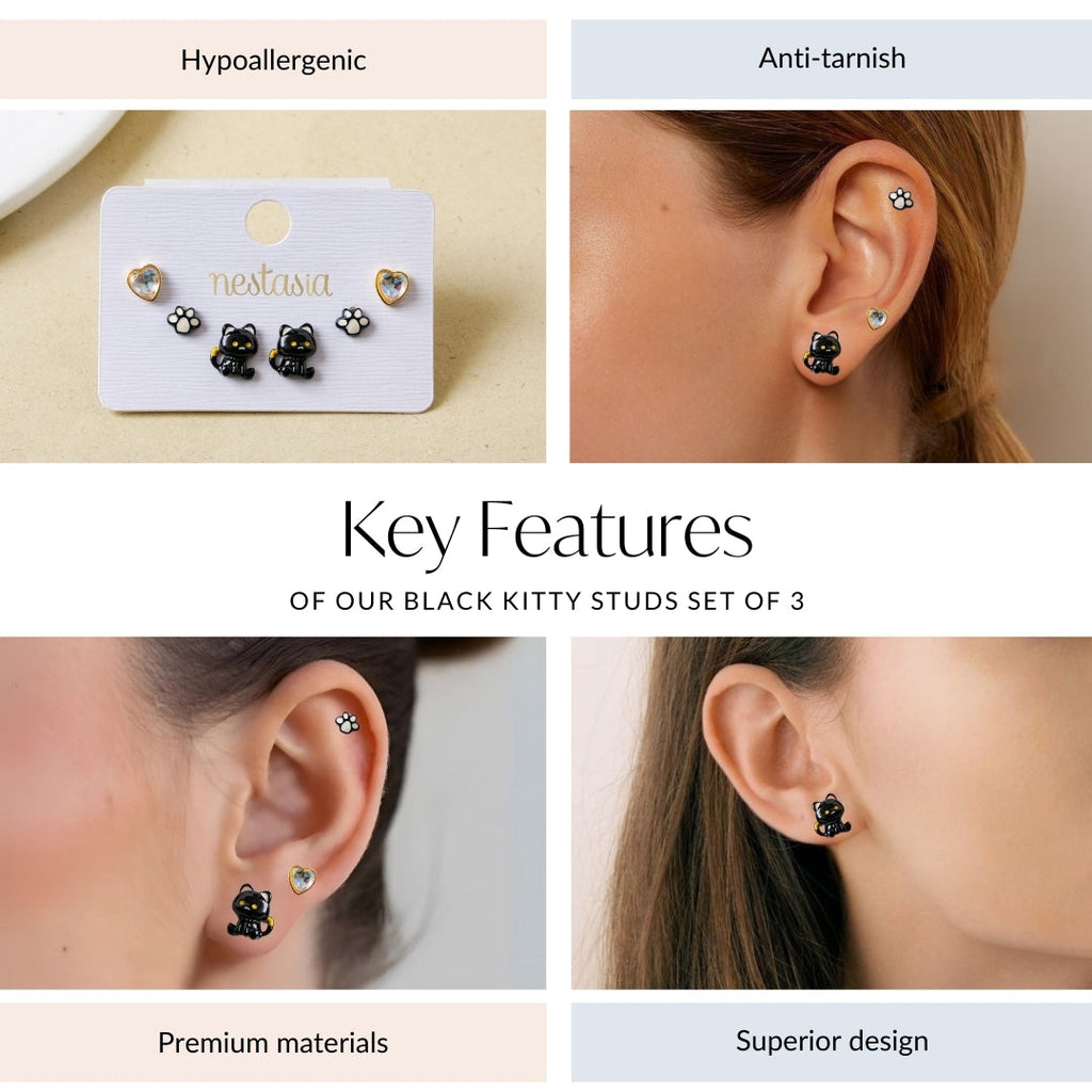 Black Kitty Studs Set Of 3