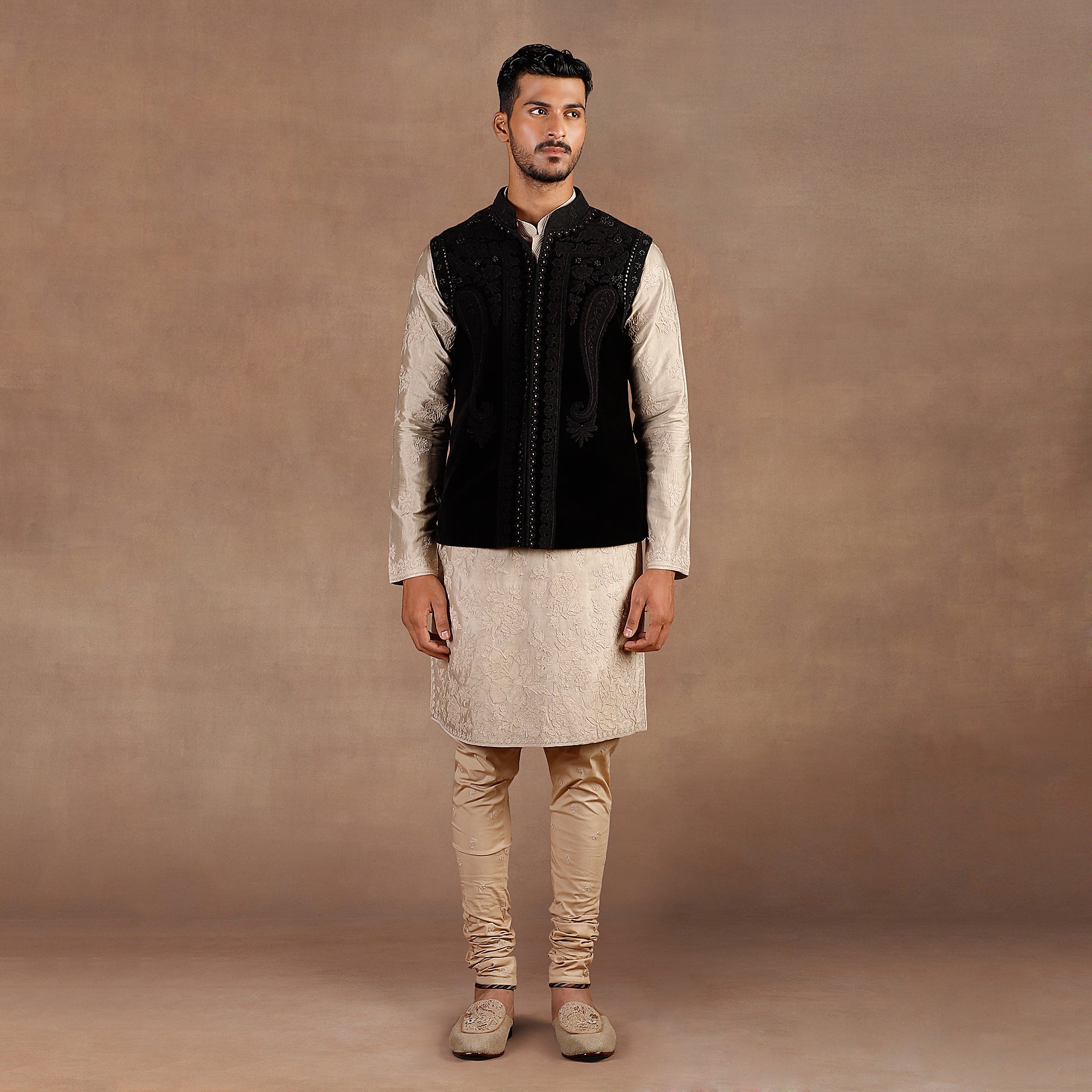 Black - Taupe Nehru Jacket Set | EAST