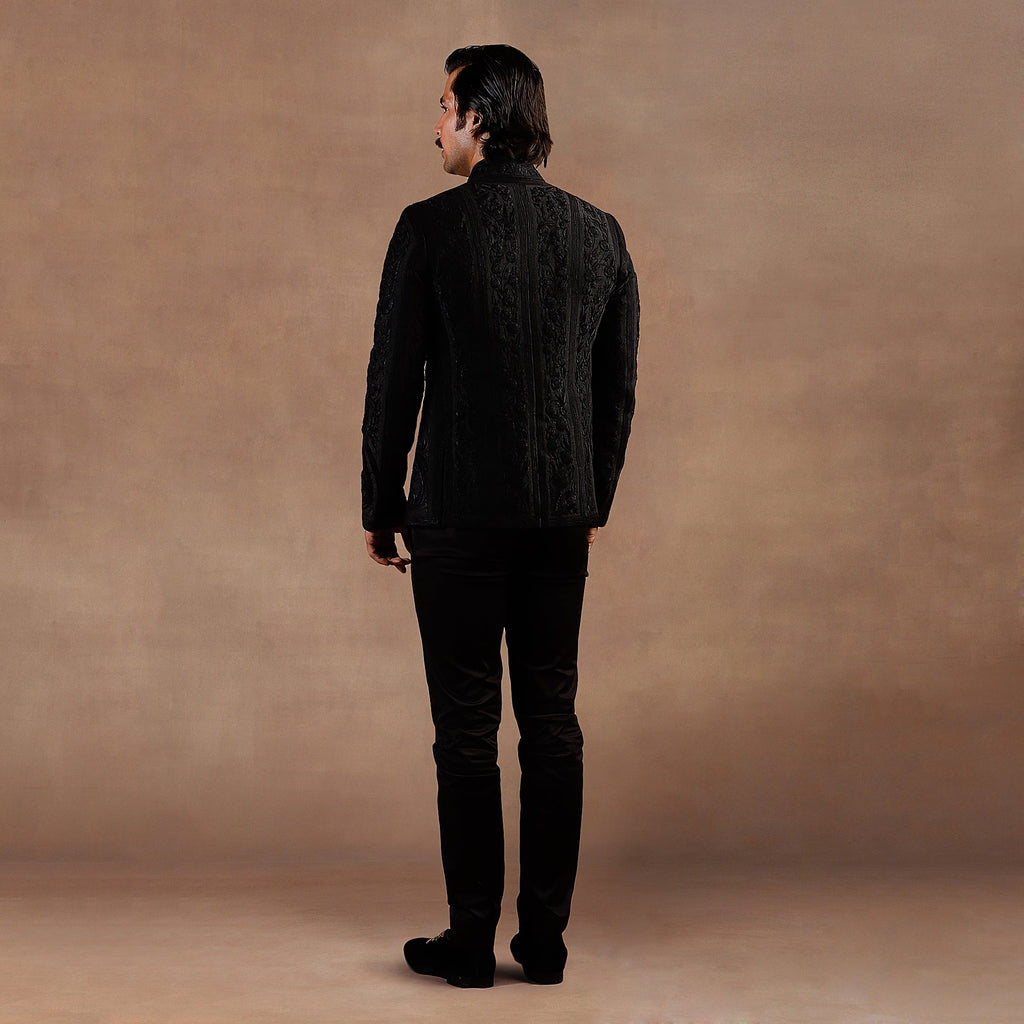 Black Tonal Embroidery Bandhgala Set | EAST