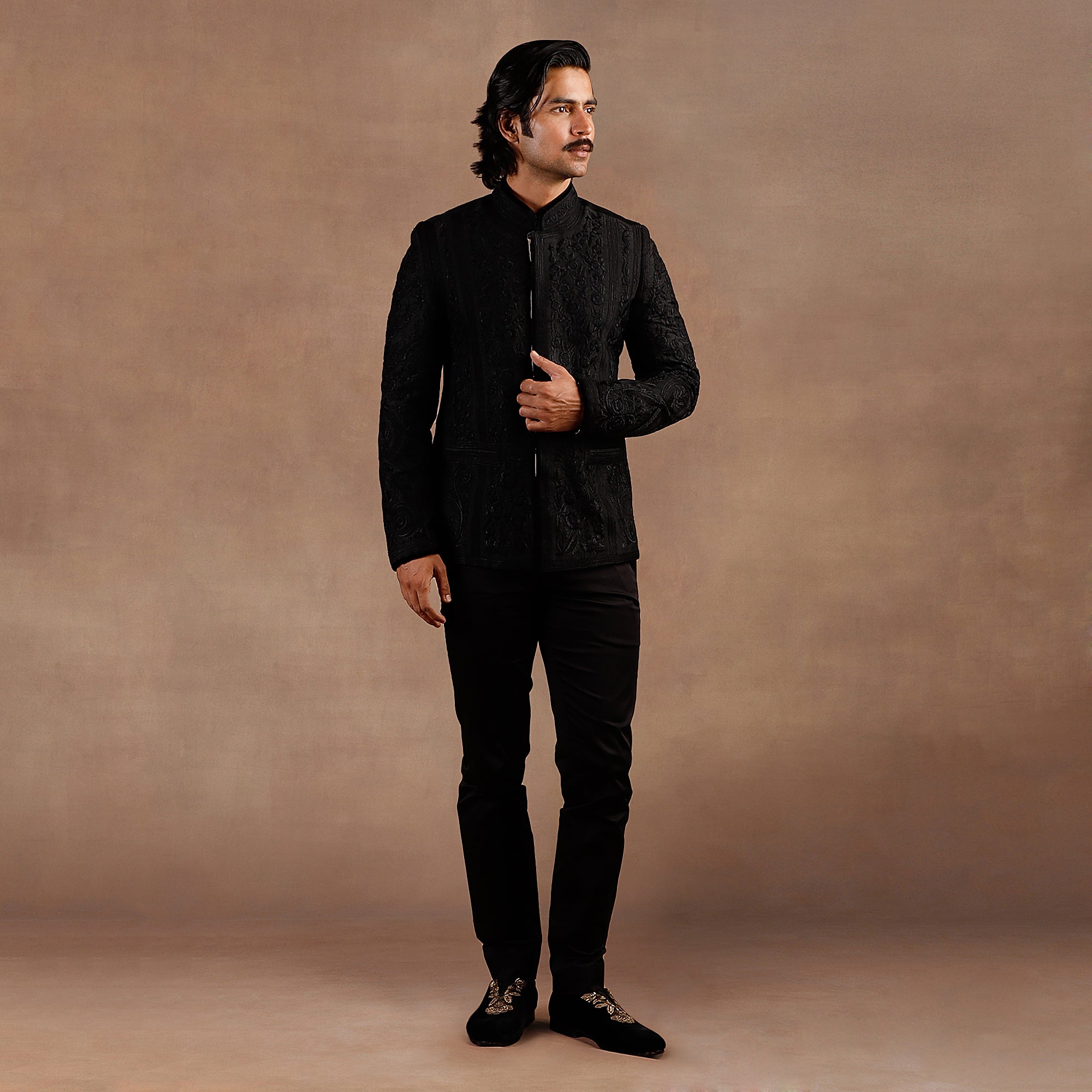 Black Tonal Embroidery Bandhgala Set | EAST