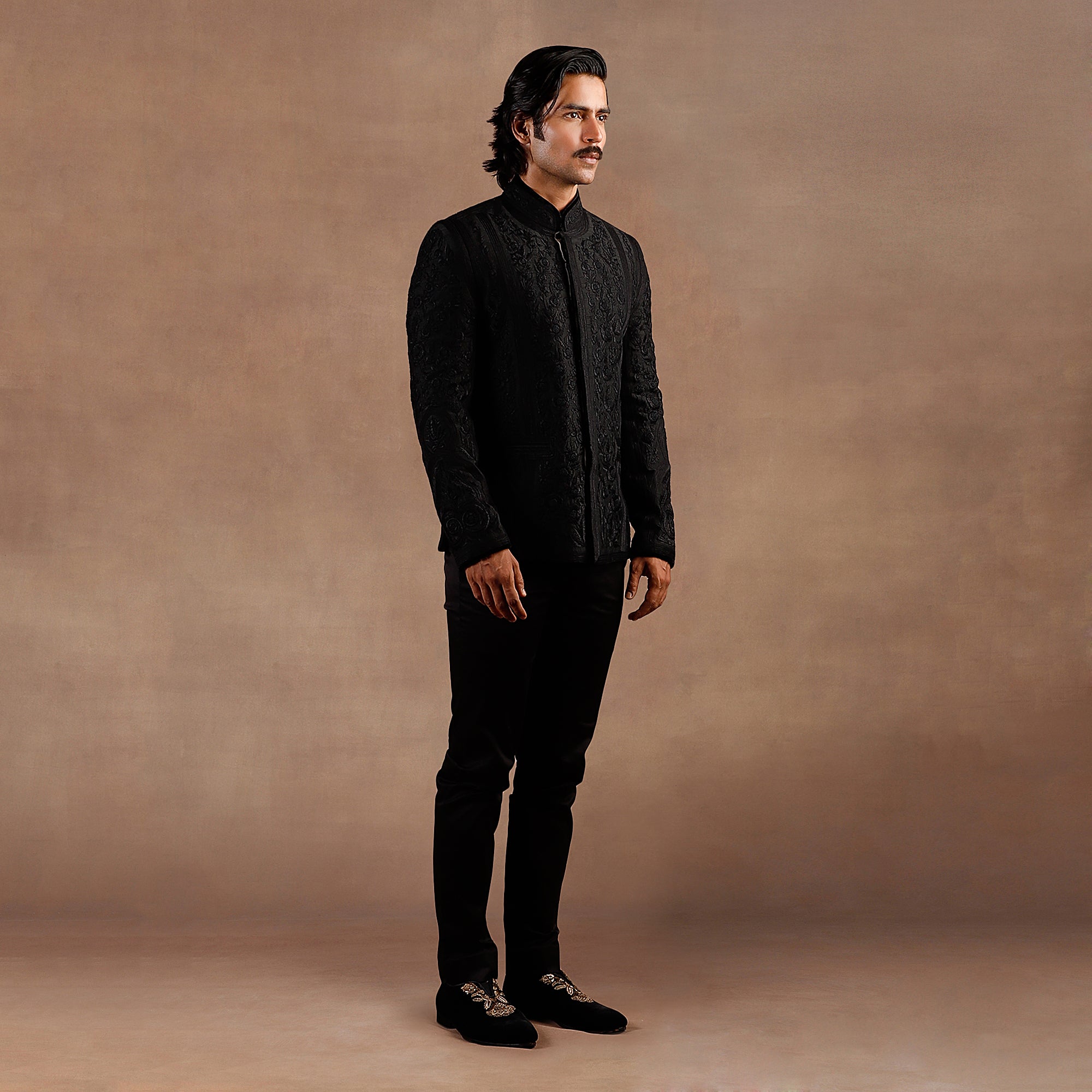 Black Tonal Embroidery Bandhgala Set | EAST