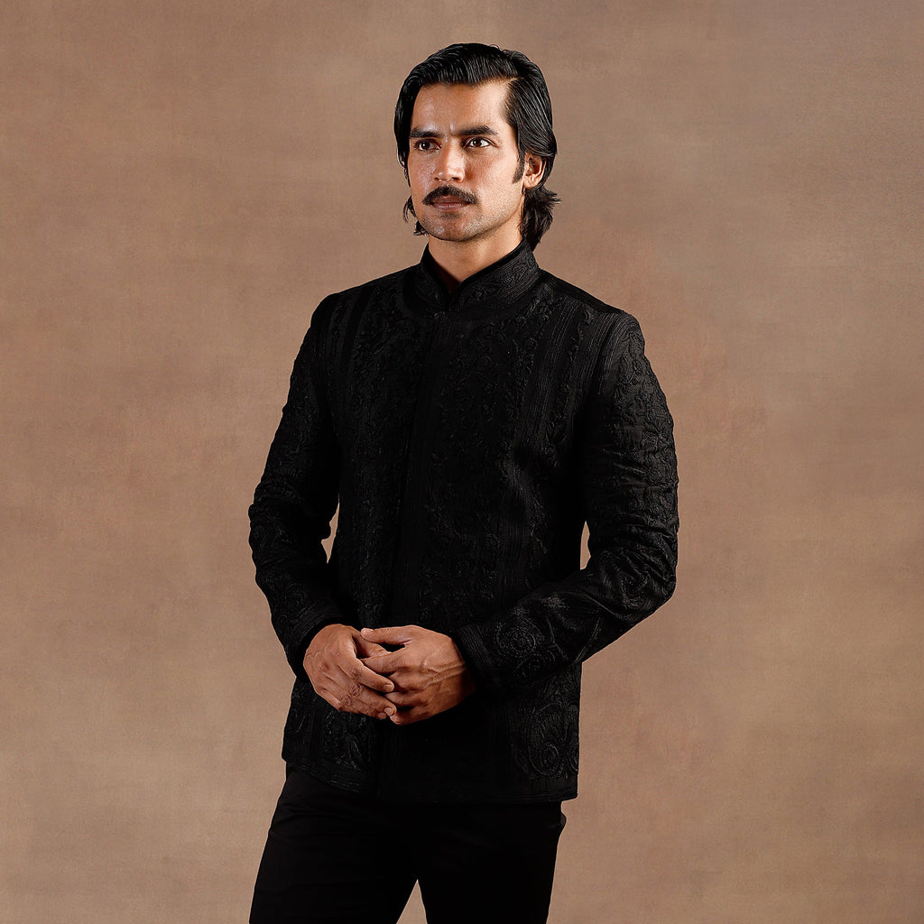 Black Tonal Embroidery Bandhgala Set | EAST