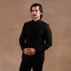 Black Tonal Embroidery Bandhgala Set | EAST