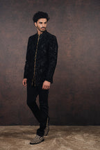 Black Silk Velvet Applique Bandhgala Set | MURAQQA