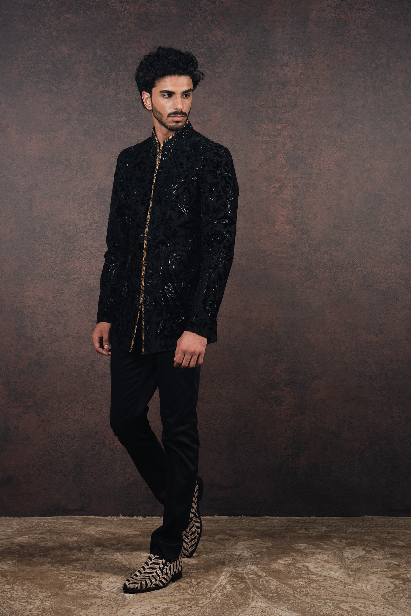 Black Silk Velvet Applique Bandhgala Set | MURAQQA