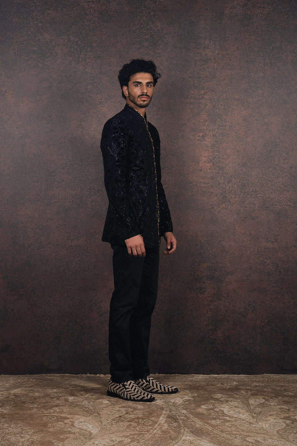 Black Silk Velvet Applique Bandhgala Set | MURAQQA