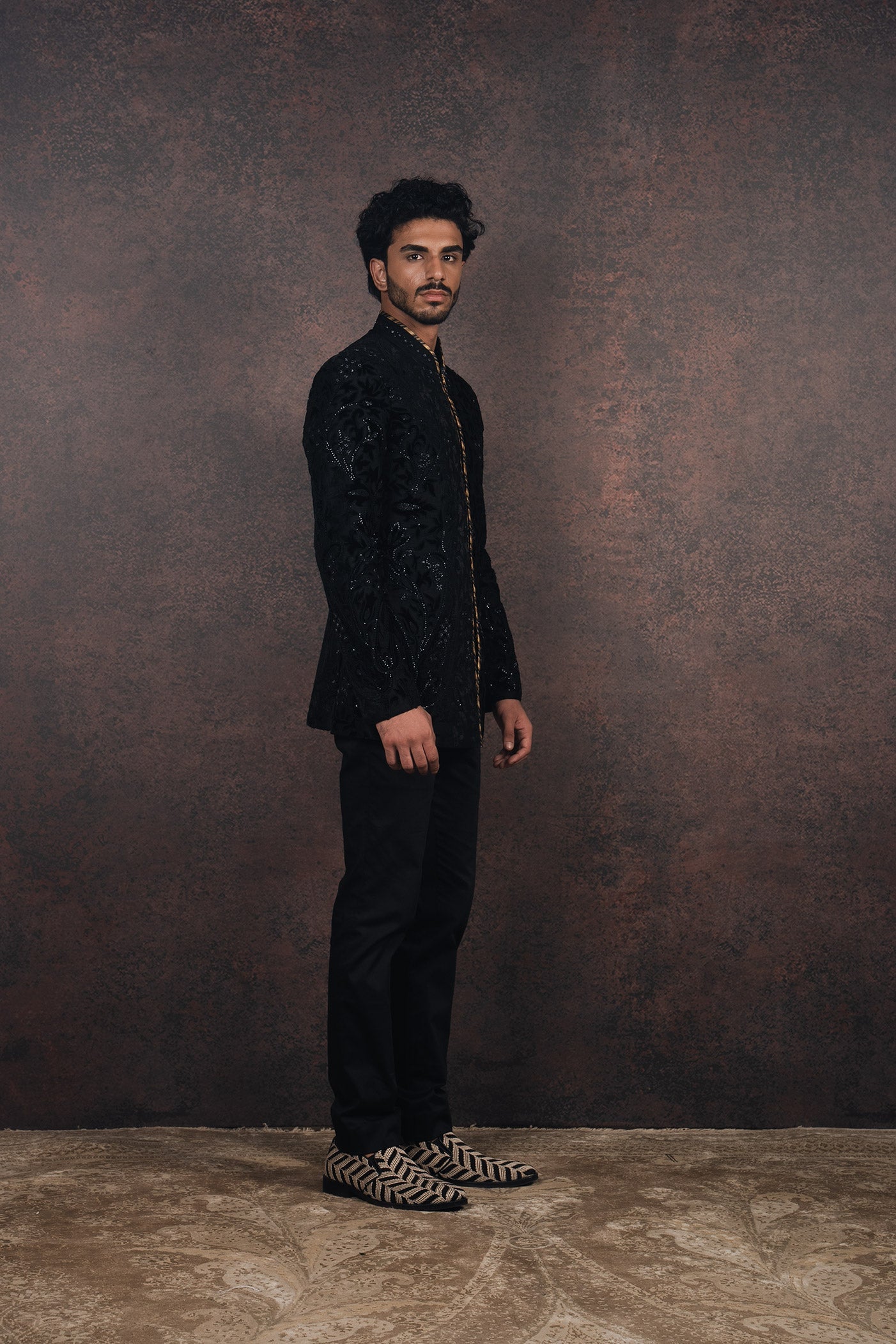 Black Silk Velvet Applique Bandhgala Set | MURAQQA