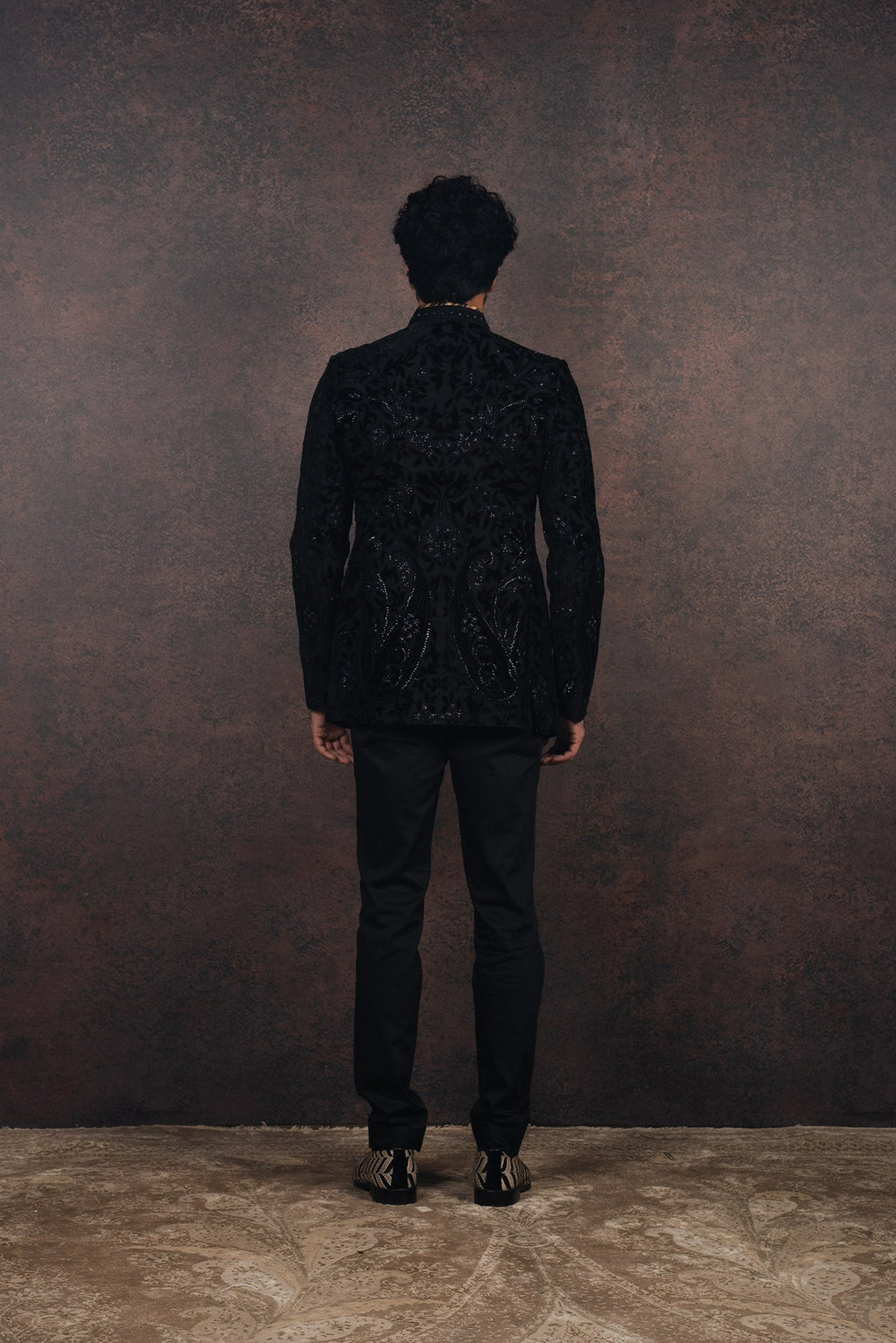 Black Silk Velvet Applique Bandhgala Set | MURAQQA