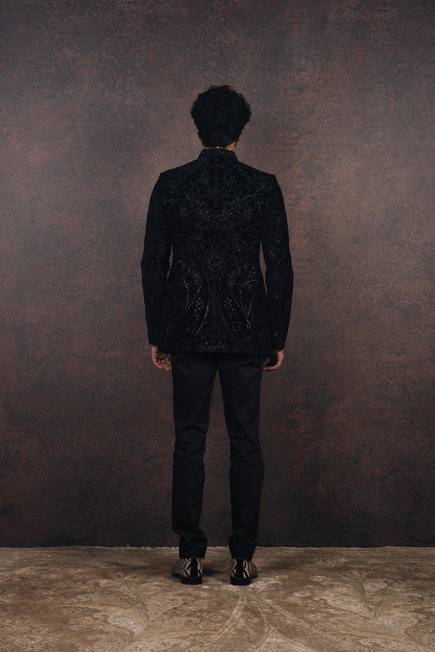 Black Silk Velvet Applique Bandhgala Set | MURAQQA