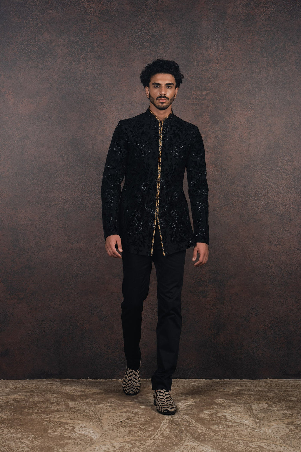 Black Silk Velvet Applique Bandhgala Set | MURAQQA