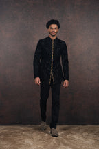 Black Silk Velvet Applique Bandhgala Set | MURAQQA