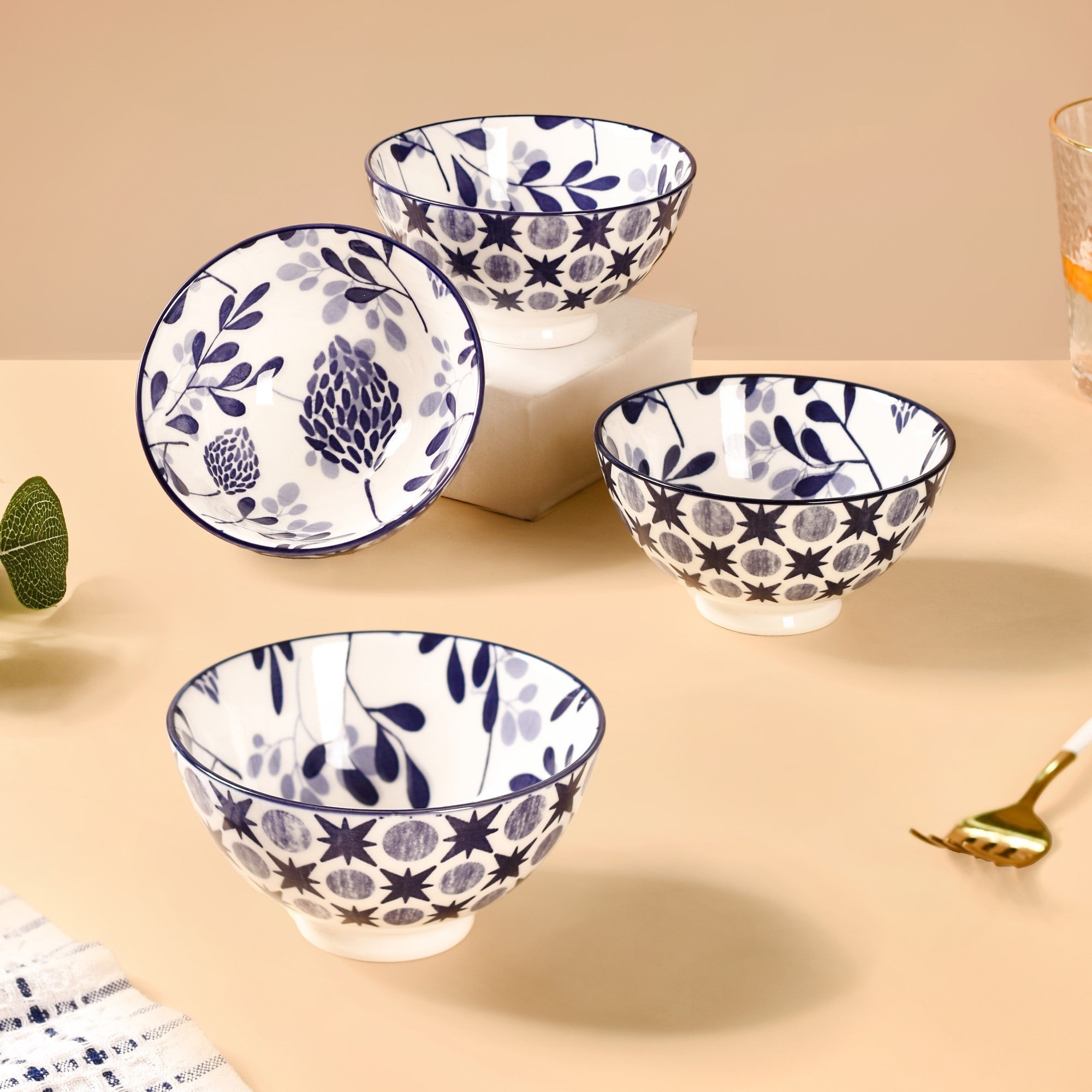 Blue Print Ceramic Snack Bowls Set Of 4 300ml