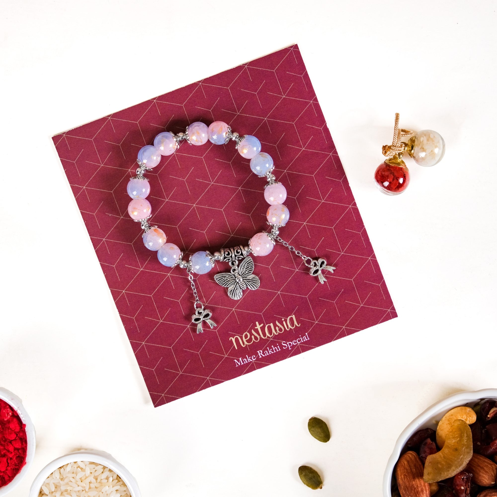 Bow Butterfly Charm Bracelet Rakhi Set Of 3 With Gift Box And Card