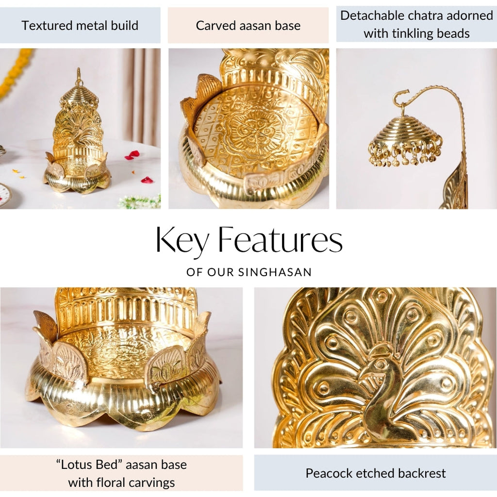 Brass Krishna Singhasan With Lotus And Peacock Embossing