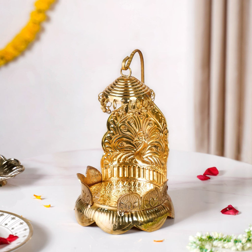 Brass Krishna Singhasan With Lotus And Peacock Embossing