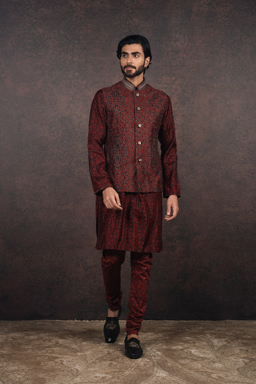Burgundy Nehru Jacket Set | MURAQQA