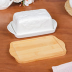 Ceramic Butter Dish With Lid And Wooden Tray