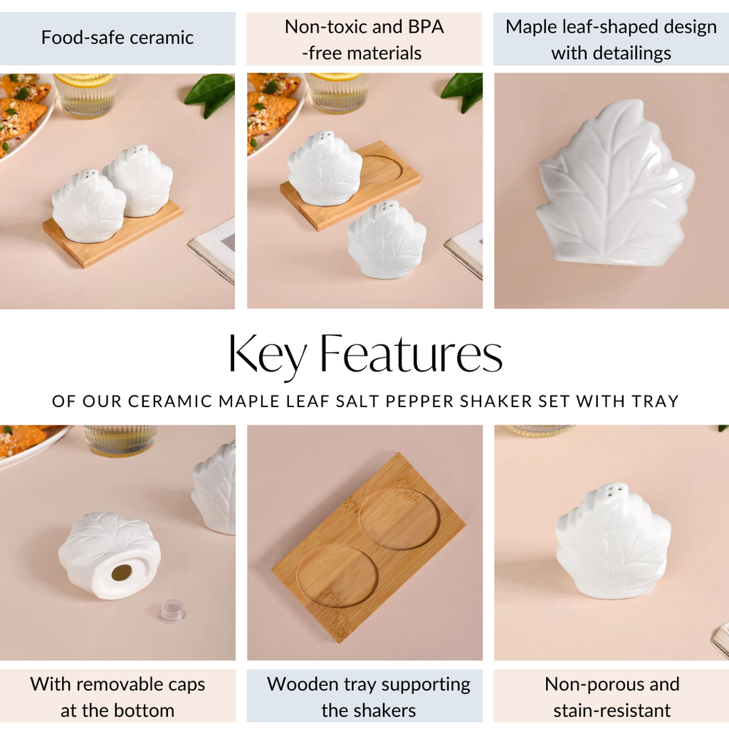 Ceramic Maple Leaf Salt Pepper Shaker Set With Tray