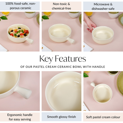 Pastel Cream Ceramic Bowl With Handle 700ml