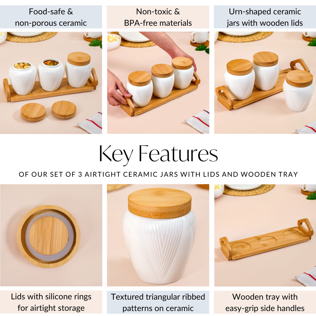 Blanca Set Of 3 Airtight Ceramic Jars With Lids And Wooden Tray
