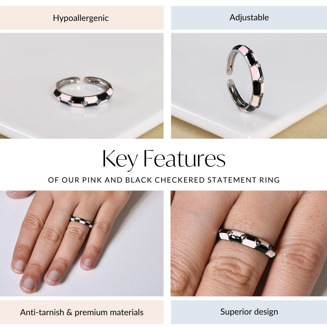 Pink And Black Checkered Statement Ring