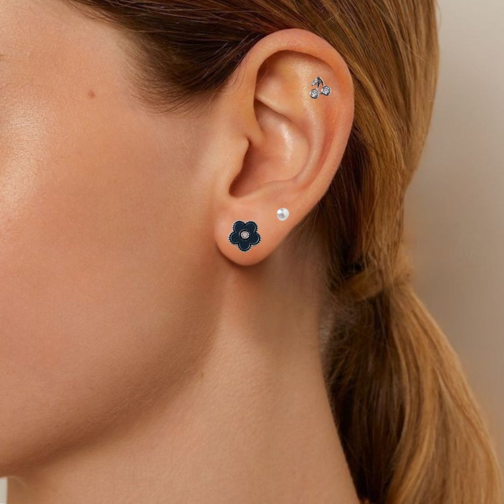 Cherries Blossoms And Pearls Studs Set Of 3