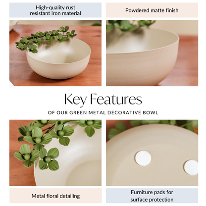 Green Garden Decorative Bowl With Metal Flowers 9 Inch