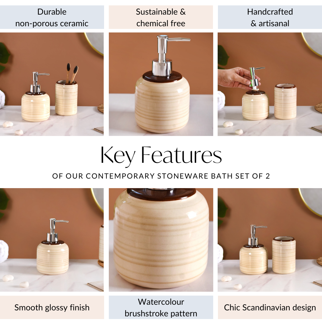 Contemporary Stoneware Bath Set Of 2 Beige Brown