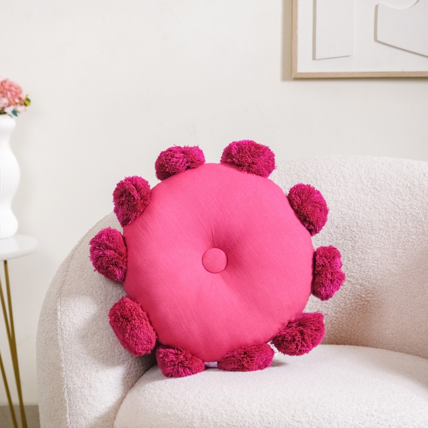 Pink Round Cushion With Pom Poms 17 Inch