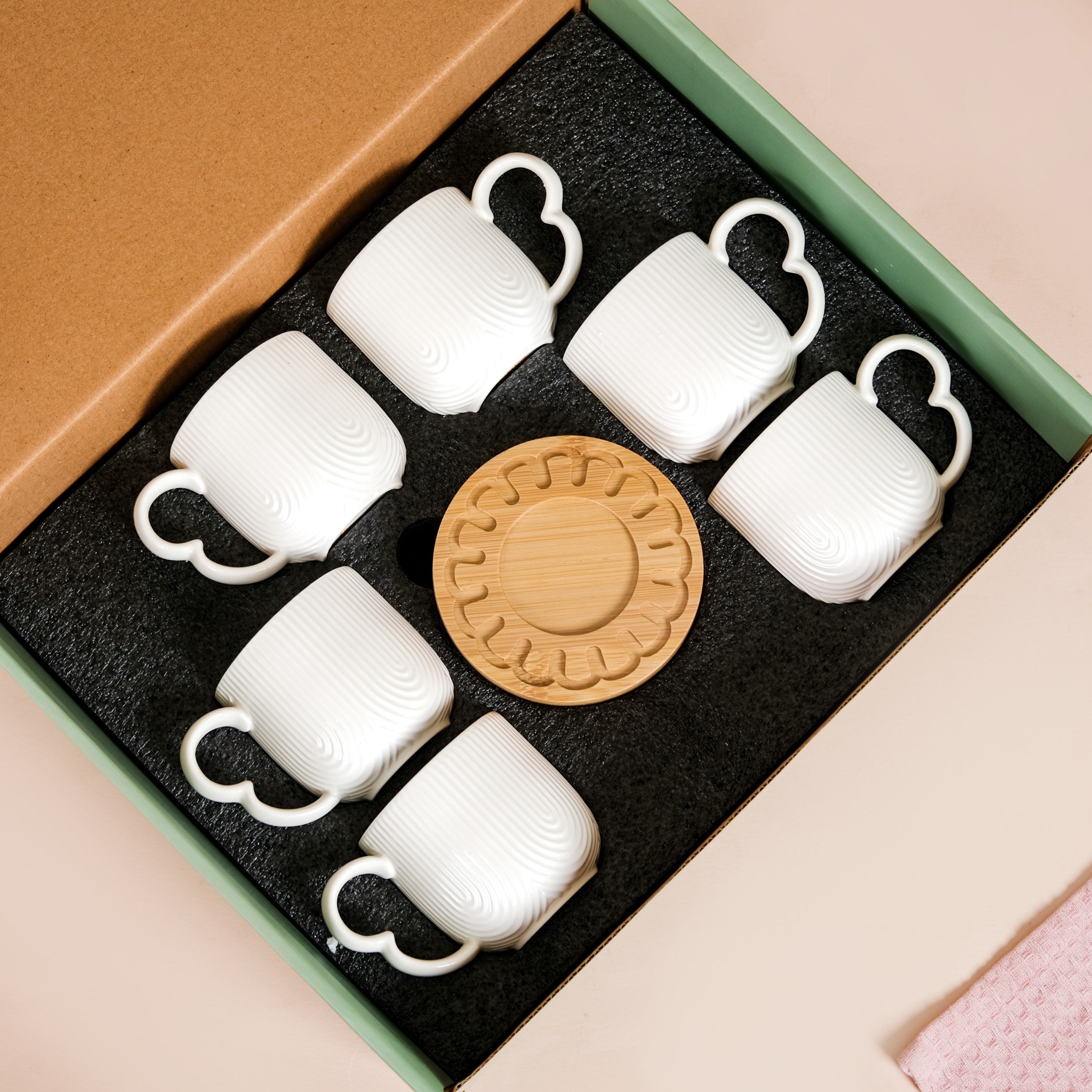 Modern Art Deco Ceramic Cup Set Of 6 With Coasters 200ml