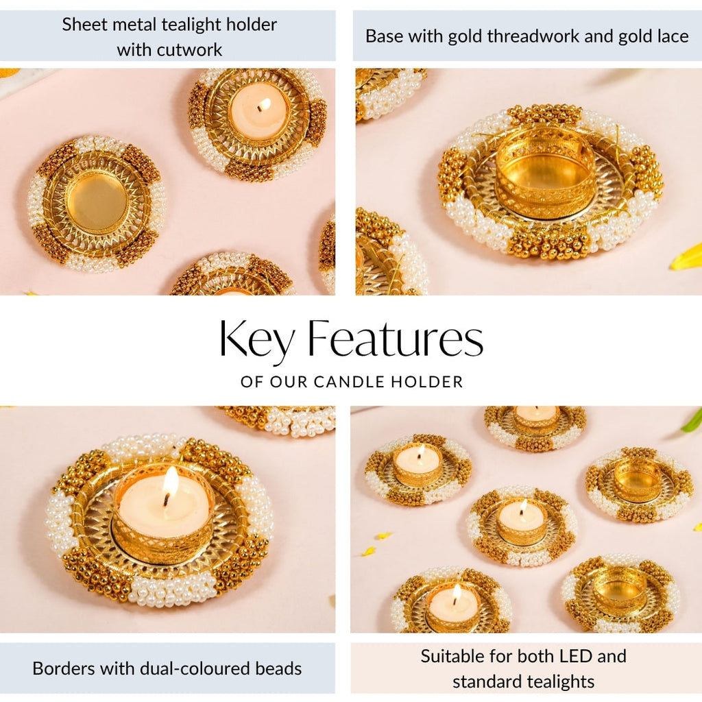 Decorative Pearl Gold Beaded Tealight Holders Set Of 6