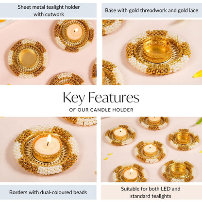 Decorative Pearl Gold Beaded Tealight Holders Set Of 6