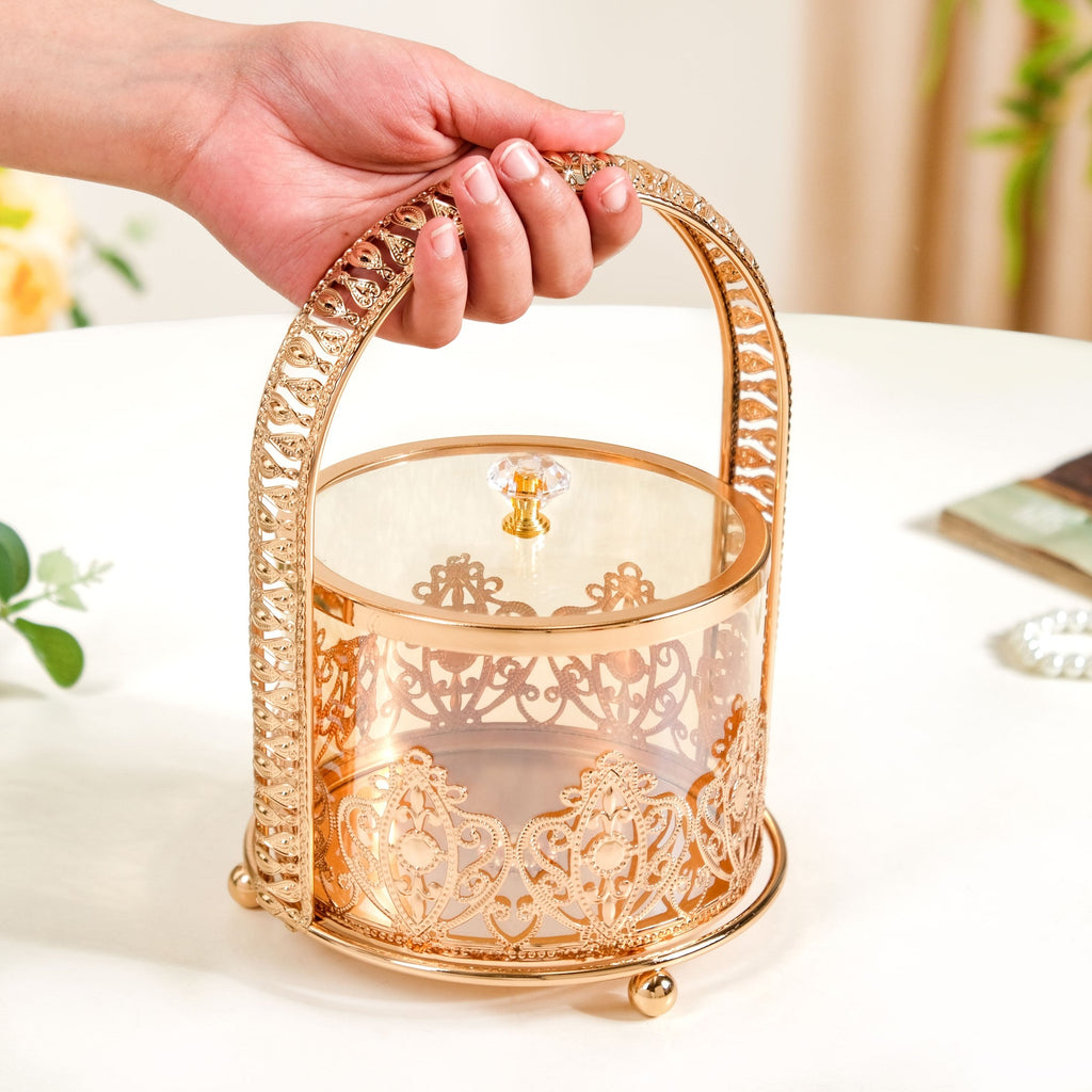 Decorative Glass Candy Jar With Handle And Lid