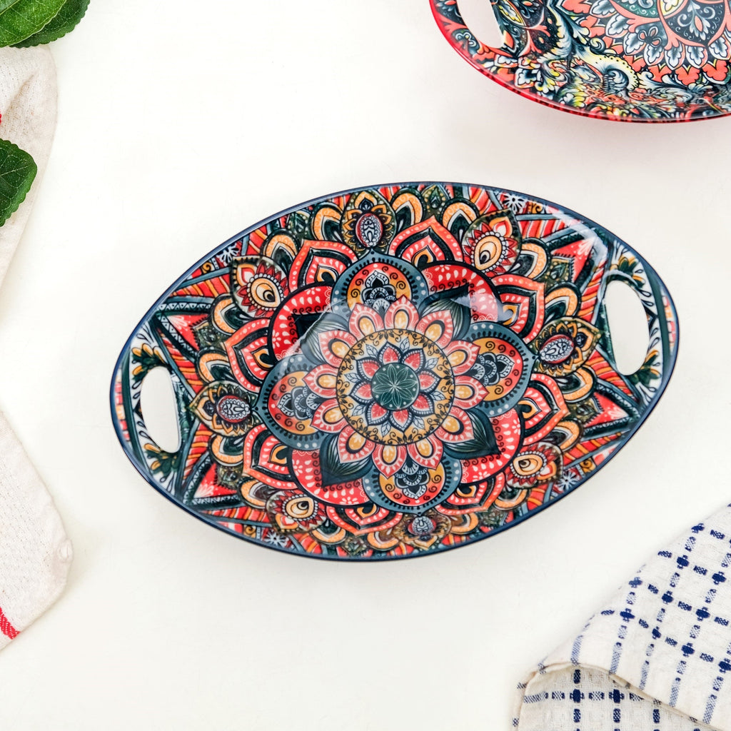 Mandala Melange Ceramic Long Dish With Handles Blue 400ml