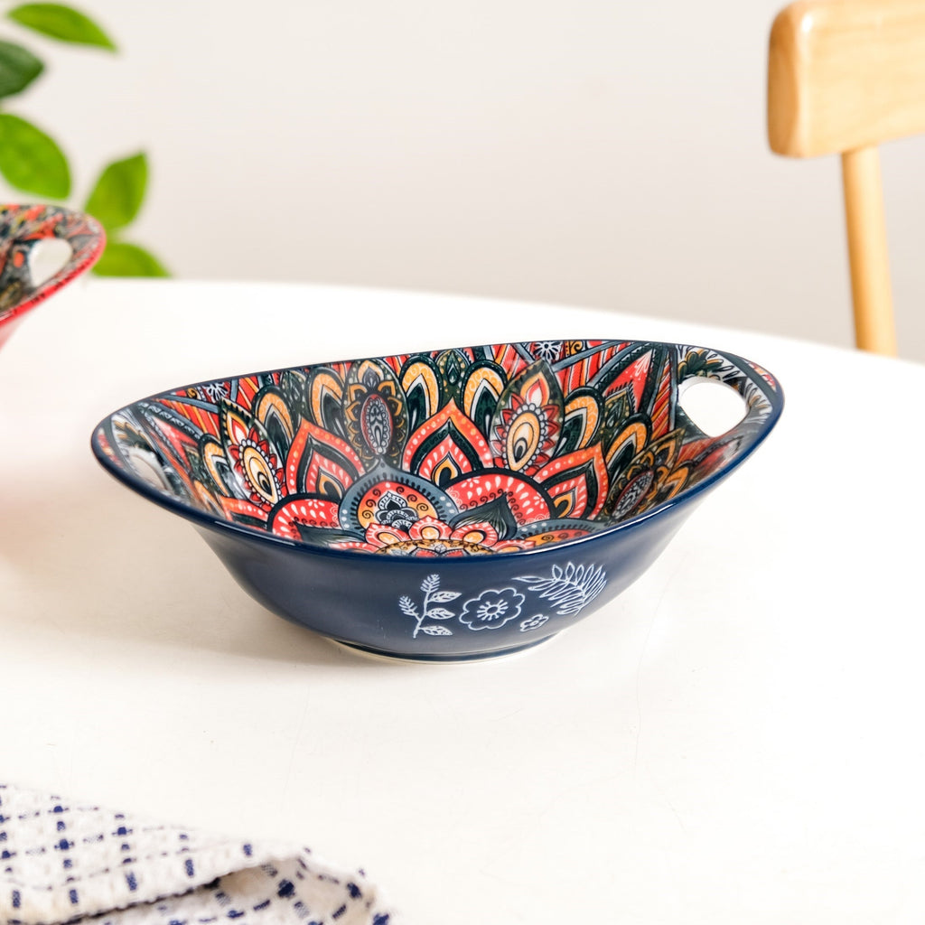 Mandala Melange Ceramic Long Dish With Handles Blue 400ml