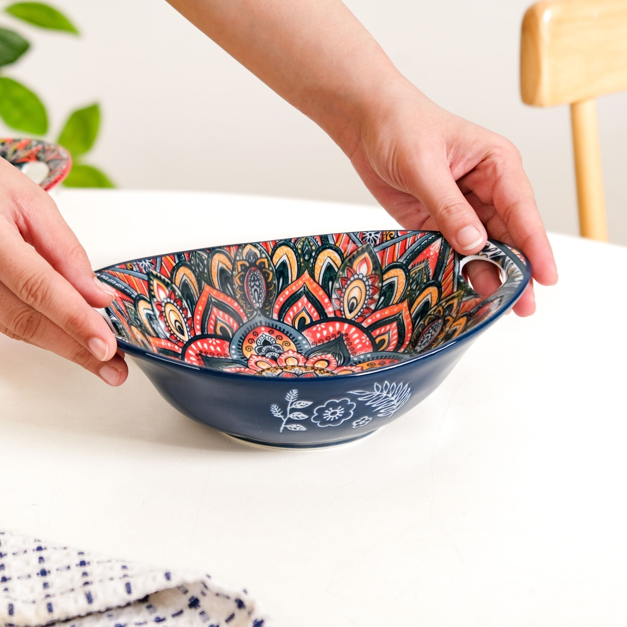 Mandala Melange Ceramic Long Dish With Handles Blue 400ml