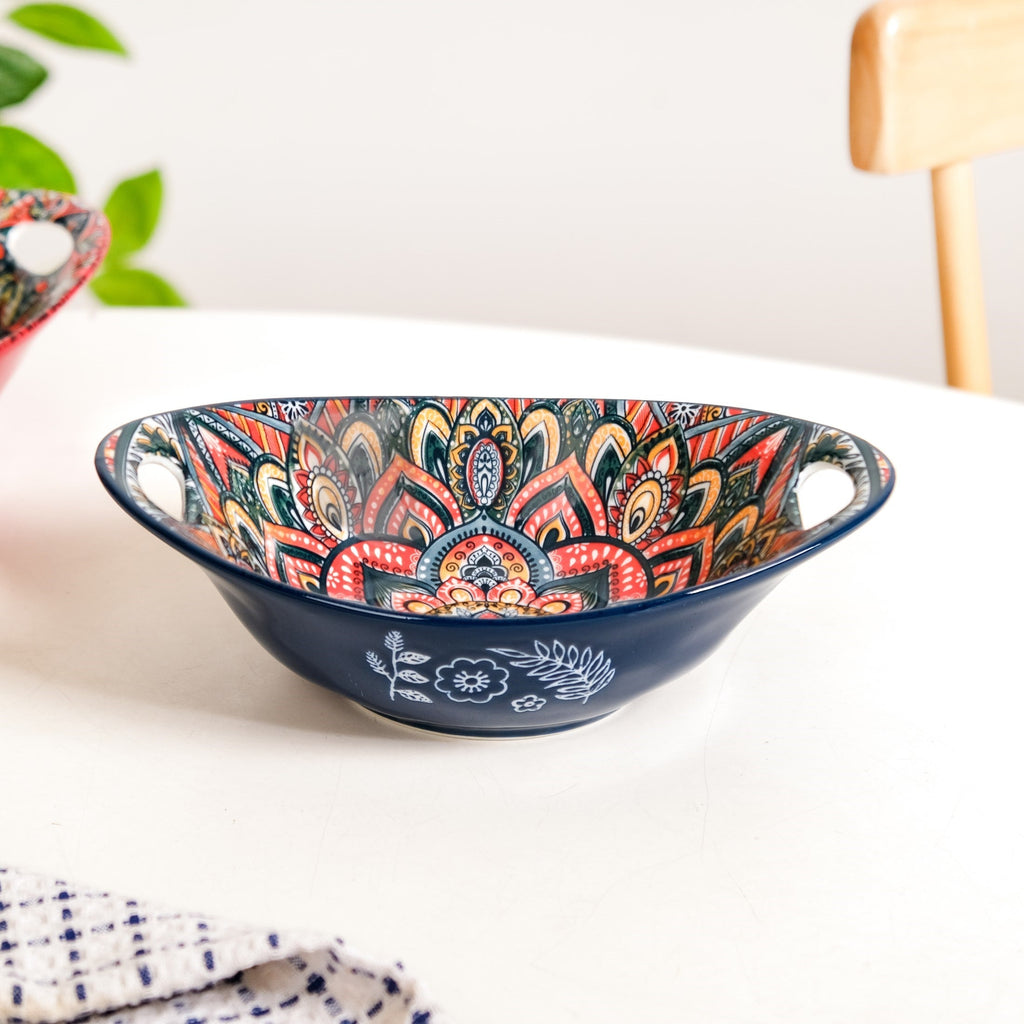 Mandala Melange Ceramic Long Dish With Handles Blue 400ml