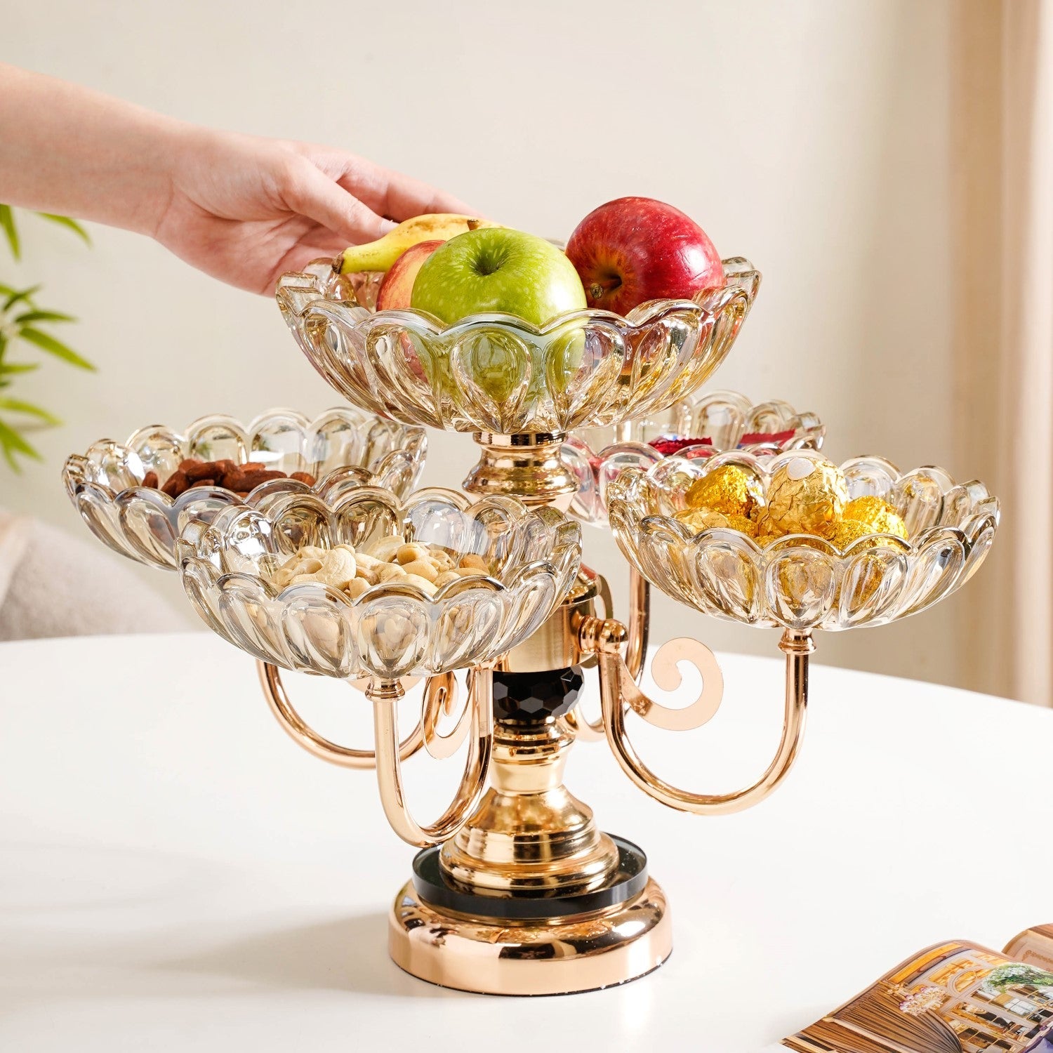 Decorative Glass Bowls Set of 5 With Rotating Metal Stand