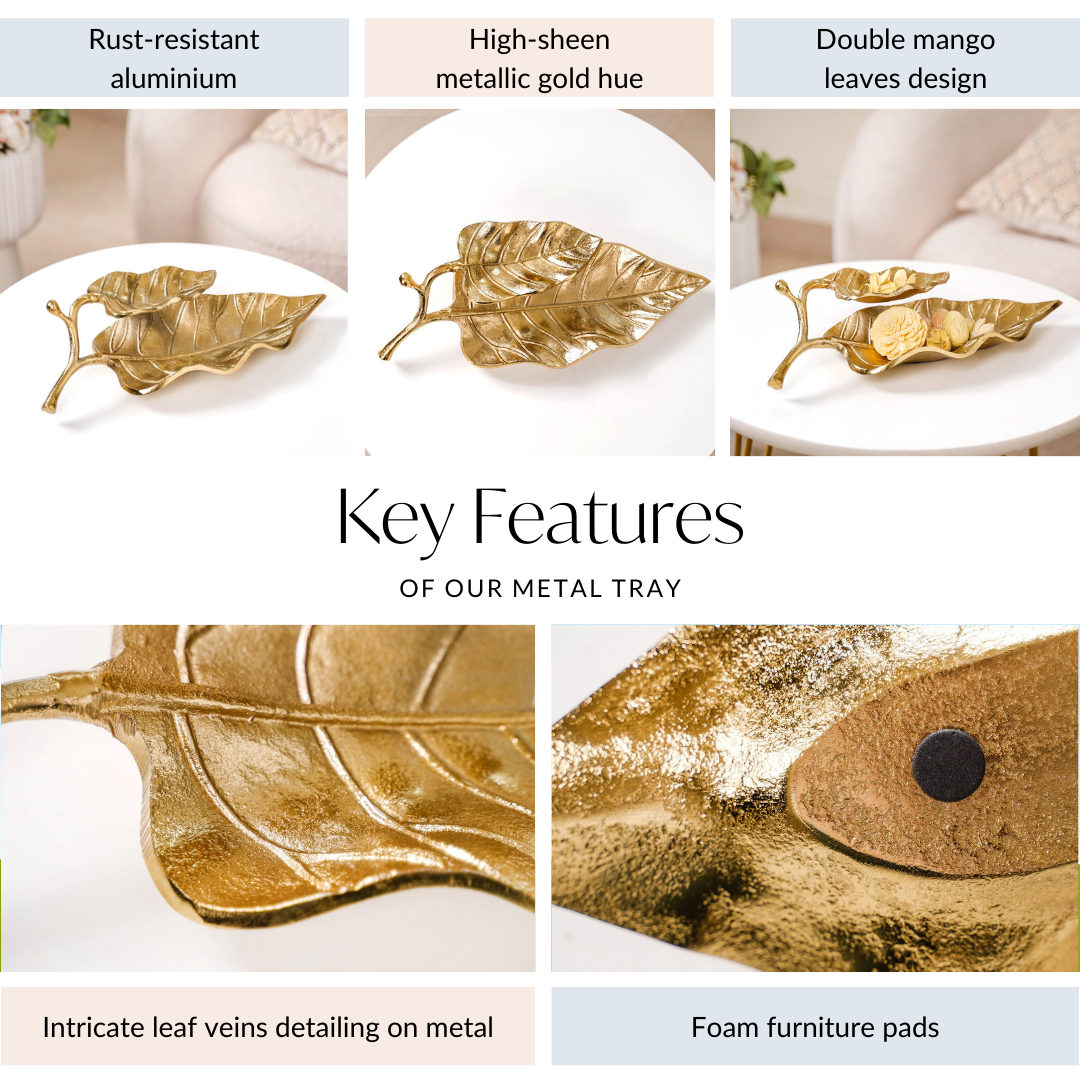 Double Layer Mango Leaf Metal Tray Gold
