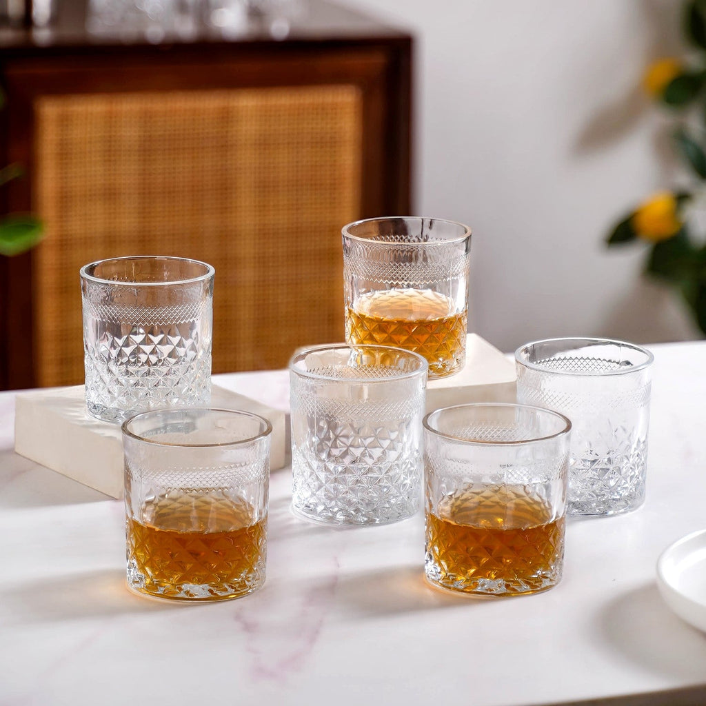 Premium Diamond Embossed Whiskey Tumbler Glass Set Of 6 230ml