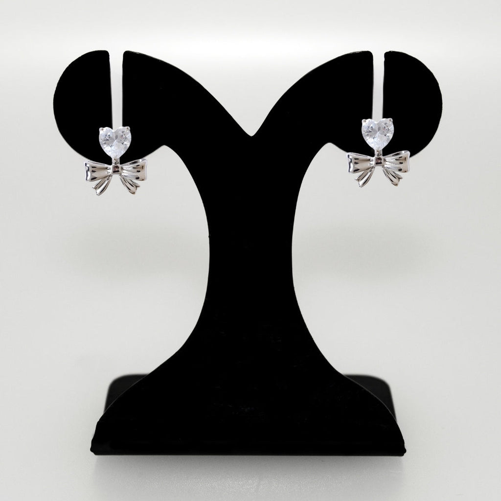Diamond Heart Bow Drop Earrings Silver