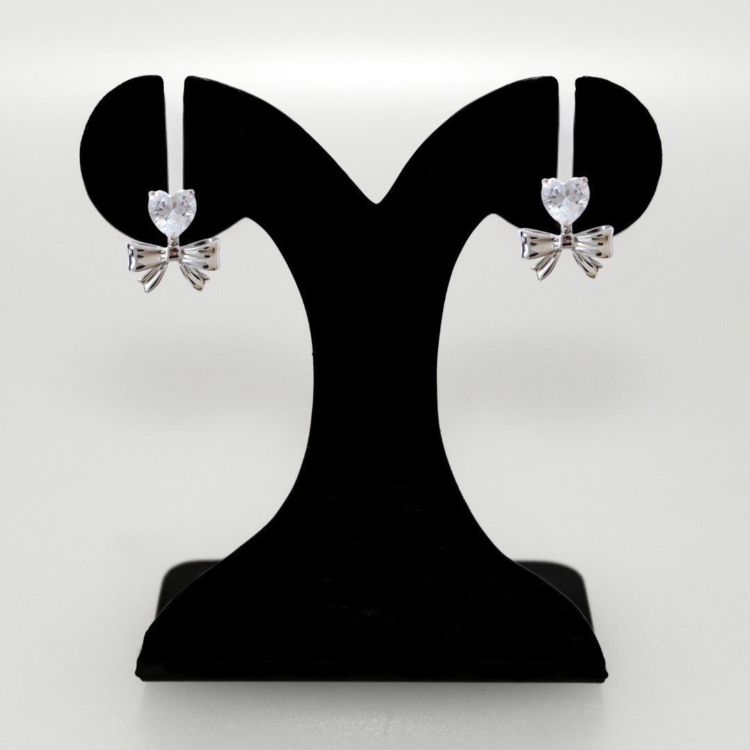 Diamond Heart Bow Drop Earrings Silver