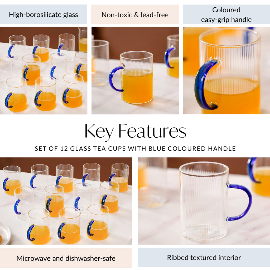 Set Of 12 Glass Tea Cups With Blue Handle 200ml